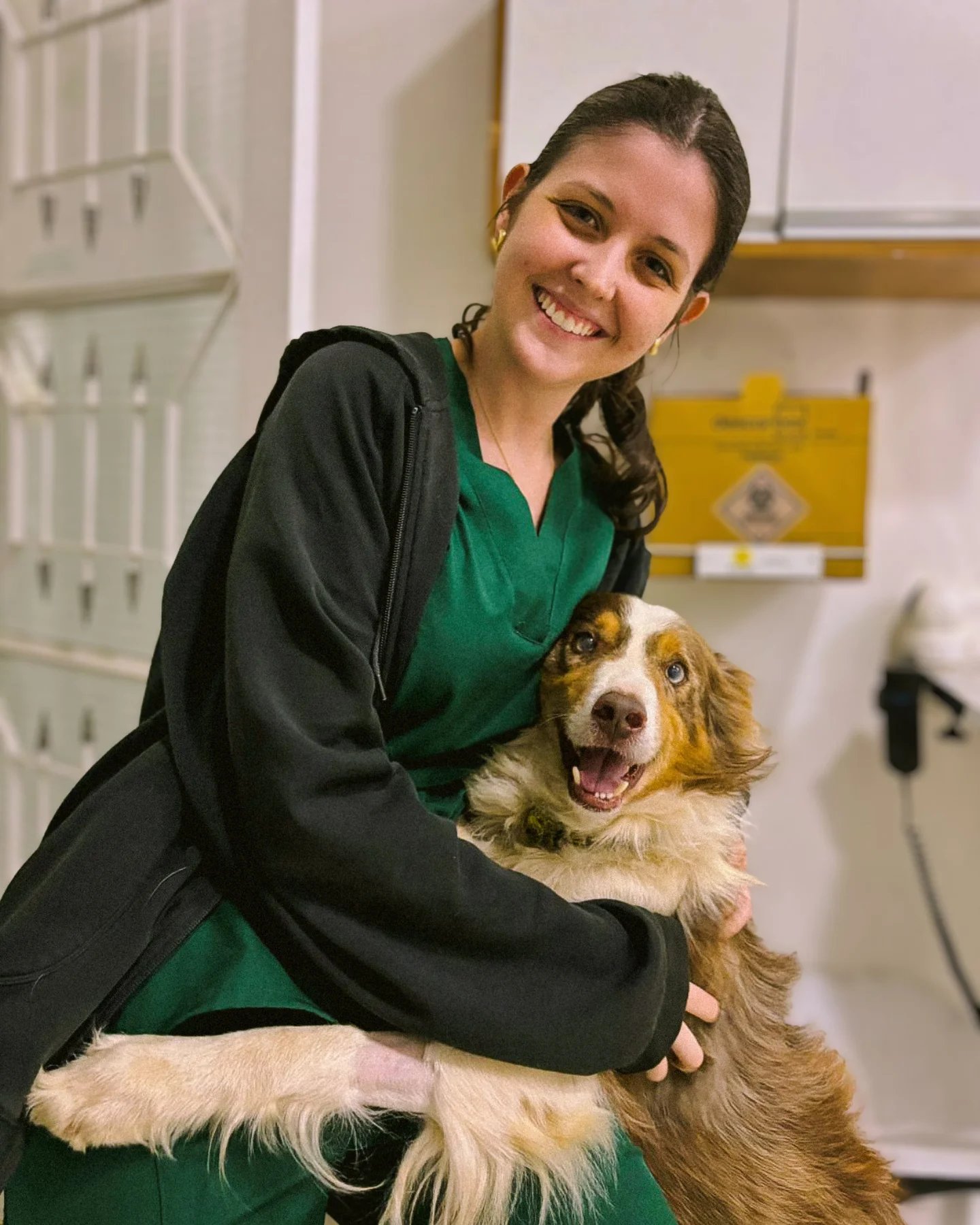 Profissional da Kucão Clínica Veterinária com um cachorro no atendimento
